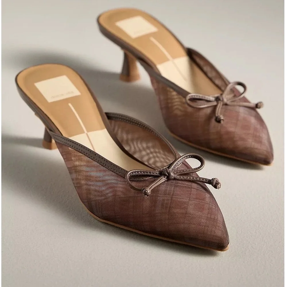 NIB Dolce Vita Cleo Mesh Kitten Heel 7M Cognac/Plaid Bow Academia Anthropologie
